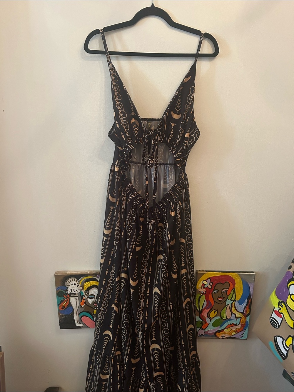 Never worn-Black Maxi Dress with Tan moon Abstract Print - Sleeveless V-Neck